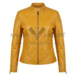 Front View of Ninja Turtles Megan Fox Yellow Leather Jacket featuring a stand-up snap collar, a central zipper, and decorative curved seam detailing across the front torso.