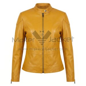 Front View of Ninja Turtles Megan Fox Yellow Leather Jacket featuring a stand-up snap collar, a central zipper, and decorative curved seam detailing across the front torso.