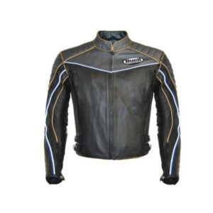 buell gray black motorcycle leather jacket with safety pads