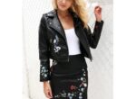 Faux Embroidery Black Leather Biker Jacket Front