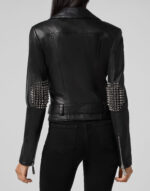 Black Lambskin Leather Silver Studded Biker Jacket