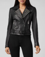 Black Lambskin Leather Silver Studded Biker Jacket
