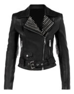 Black Lambskin Leather Silver Studded Biker Jacket