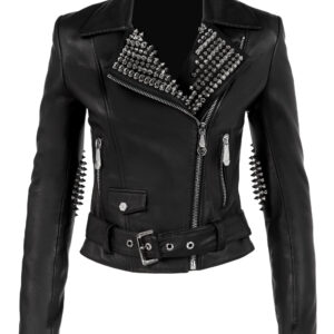 Black Lambskin Leather Silver Studded Biker Jacket
