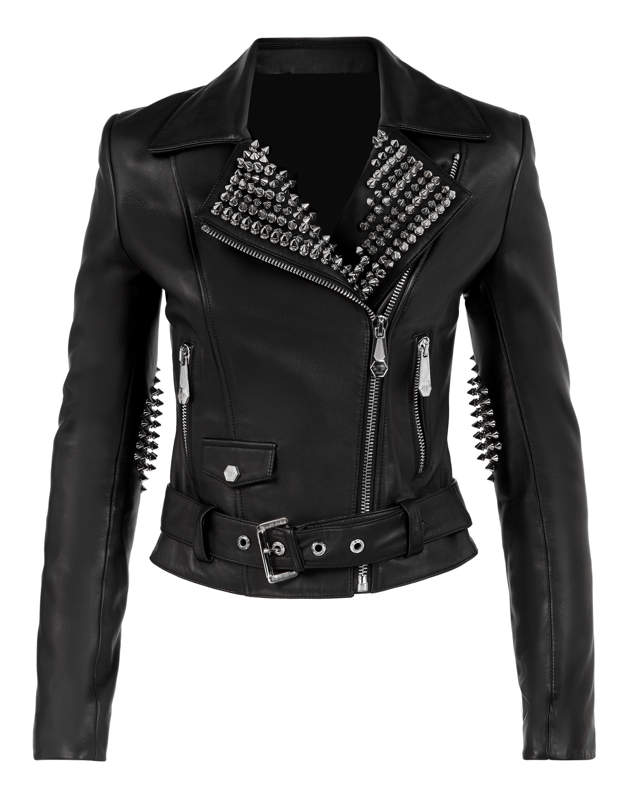 Black Lambskin Leather Silver Studded Biker Jacket (4) Black Lambskin Leather Silver Studded Biker Jacket