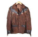 Brown suede leather Native American fringe jacket with Dark Brown leather yoke, concho buttons, and tassel detailing – front view on hanger