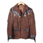 Brown suede leather Native American fringe jacket with Dark Brown leather yoke, concho buttons, and tassel detailing – front view on hanger