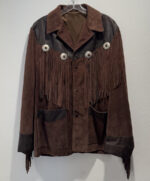Vintage brown suede leather fringe jacket with Dark Brown leather accents, concho buttons, and tassel trim