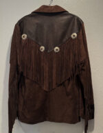Brown suede Native American style leather fringe jacket with concho button details and tassel back design – rear view.
