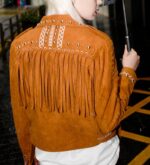 Camel Brown Fringed Leather Studded Biker Jacket