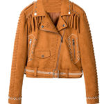 Camel Brown Fringed Leather Studded Biker Jacket