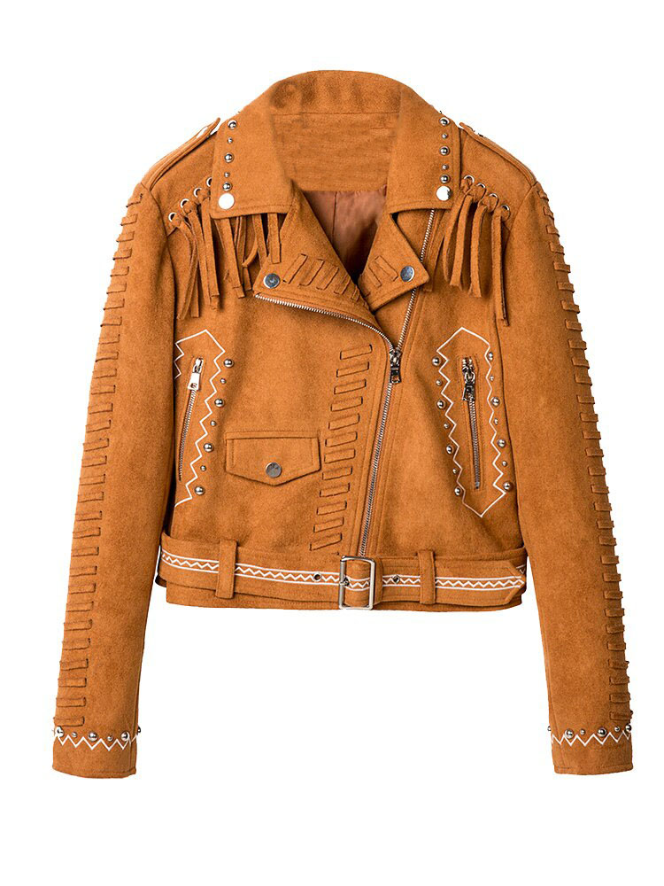 Camel Brown Fringed Leather Studded Biker Jacket (2) Camel Brown Fringed Leather Studded Biker Jacket