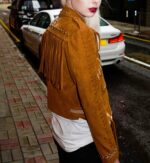 Camel Brown Fringed Leather Studded Biker Jacket