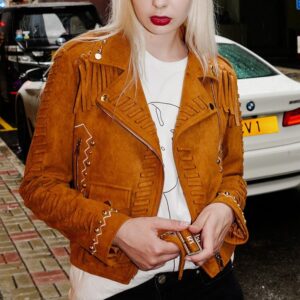 Camel Brown Fringed Leather Studded Biker Jacket