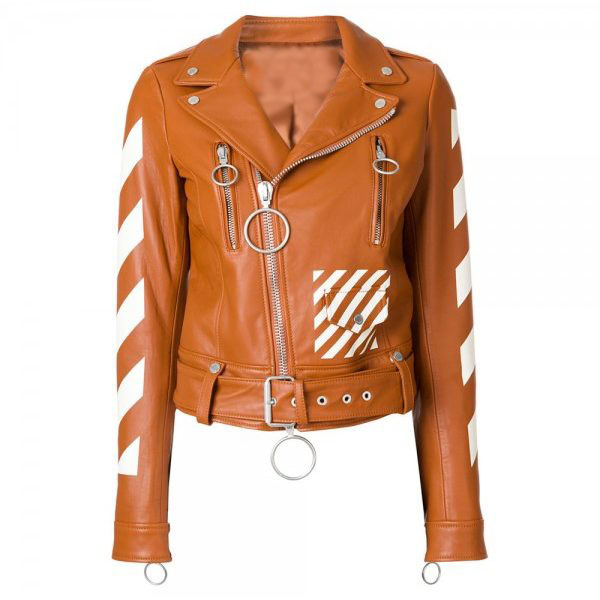 Diagonal Printed Brown Calfskin (2) Diagonal Printed Brown Calfskin Biker Leather Jacket - Image 1