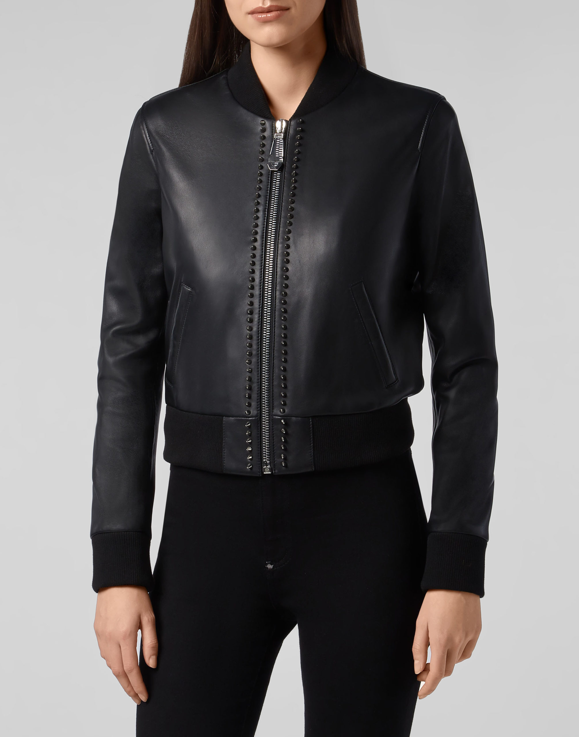 Women Studded Leather Bomber Jacket