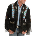 Liberty Wear Eagle Bead Fringed Black Leather Jacket