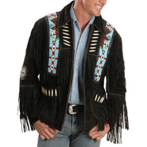 Liberty Wear Eagle Bead Fringed Black Leather Jacket