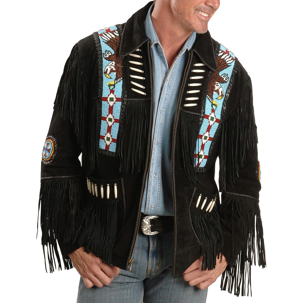 liberty-wear-eagle-bead-fringed-black-leather-jacket Liberty Wear Eagle Bead Fringed Black Leather Jacket