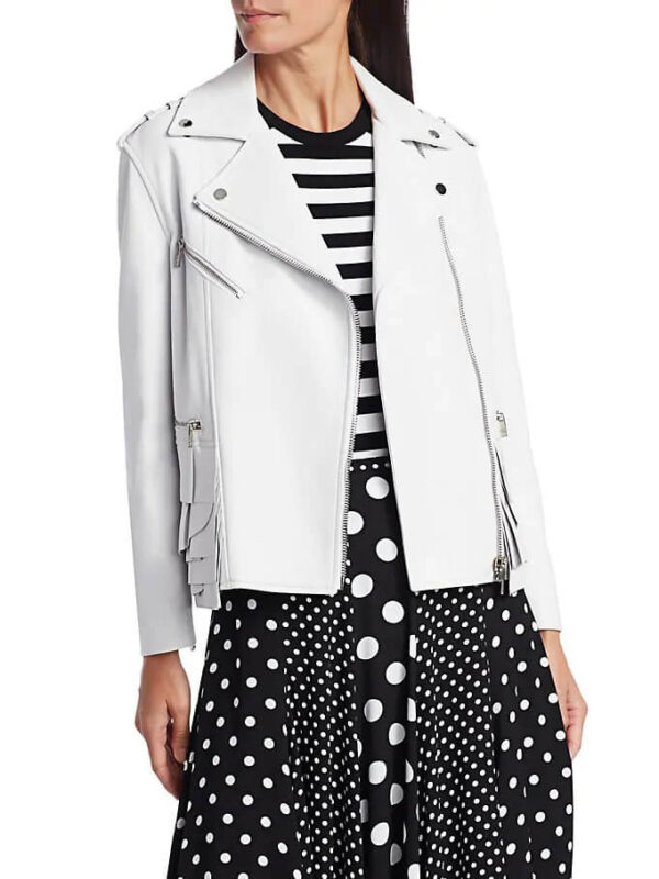 Ruffle-Trimmed Leather Biker Jacket Front