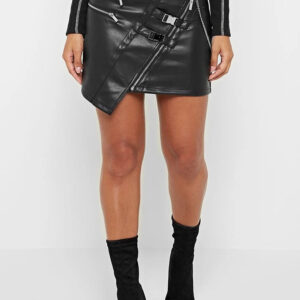 Black vegan leather mini skirt with belt