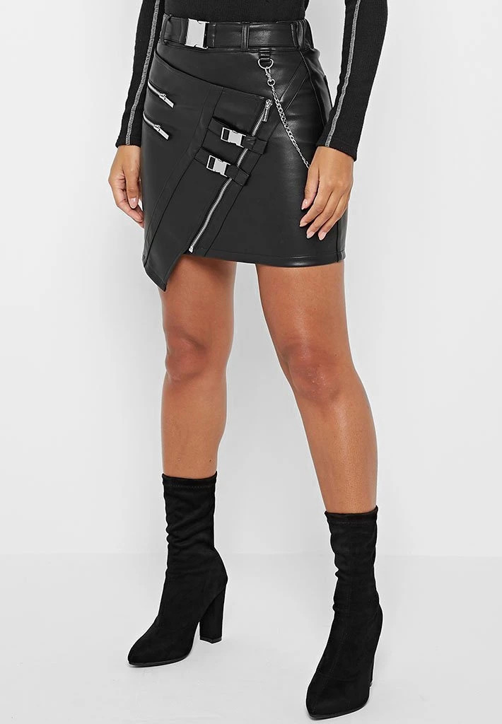 Stylish belted vegan leather mini skirt in black Stylish belted vegan leather mini skirt in black