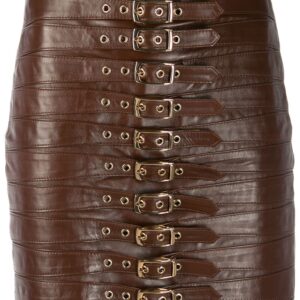 Brown leather biker mini skirt with buckle detailing