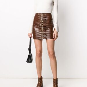 Brown Leather Buckle Detail Biker Mini Skirt Front