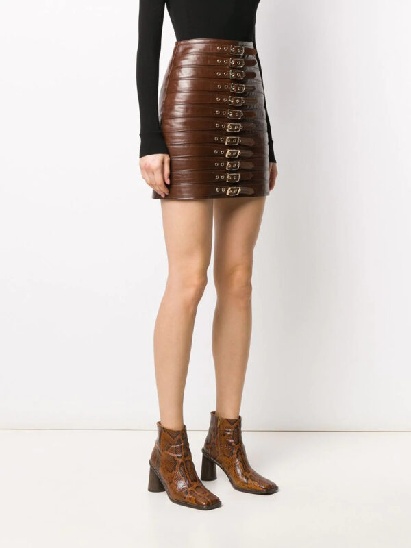 Brown leather biker mini skirt with unique buckle
