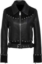 Black embellished biker leather jacket with studded
