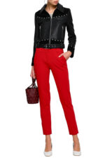 Front view of black embellished biker leather jacket with studded details