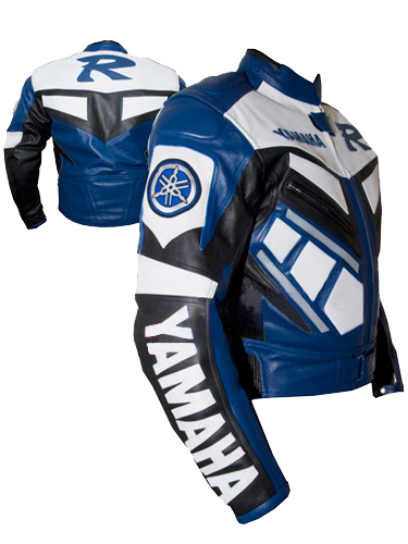 Yamaha R Blue And White Motorcycle Leather Jacket - Maker of Jacket
