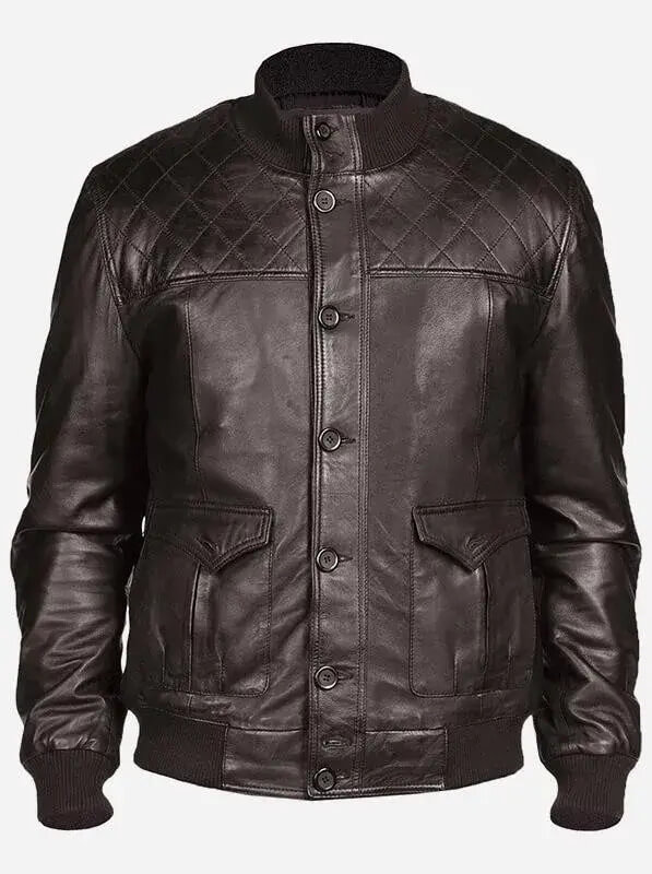 Brown Quilted Bomber Leather Jacket Front Brown Quilted Bomber Leather Jacket