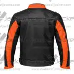 back View Of Custom Black Orange Motorcycle Jacket Featuring CE-approved back protector panel.
