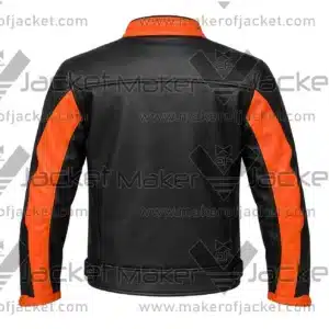 back View Of Custom Black Orange Motorcycle Jacket Featuring CE-approved back protector panel.