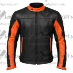 Front View Of Custom Black Orange Motorcycle Jacket Featuring YKK zipper and side pockets.