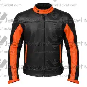 Front View Of Custom Black Orange Motorcycle Jacket Featuring YKK zipper and side pockets.