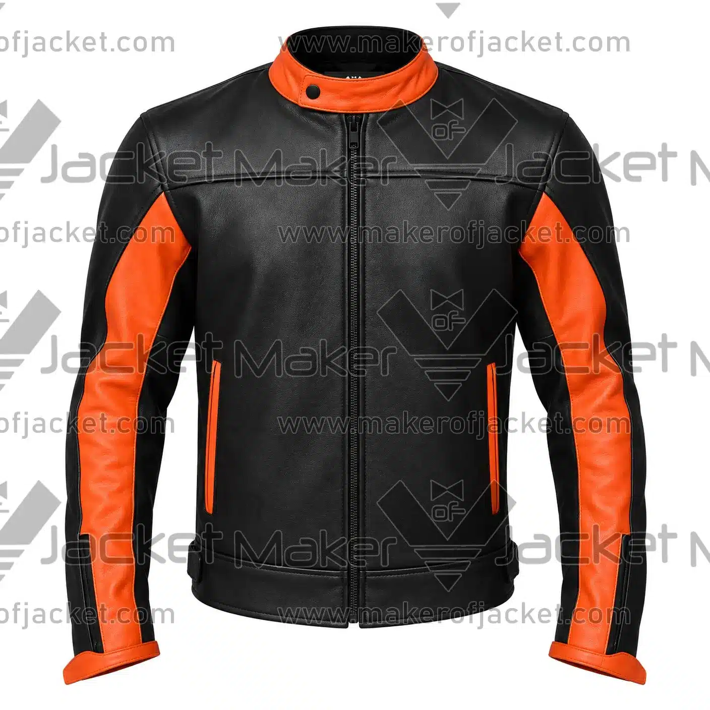 Custom-Black-Orange-Motorcycle-Jacket-Front-Image Front View Of Custom Black Orange Motorcycle Jacket Featuring YKK zipper and side pockets.