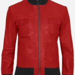 Men's Black Red Leather Bomber Jacket-front