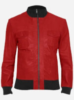 Men's Black Red Leather Bomber Jacket-front