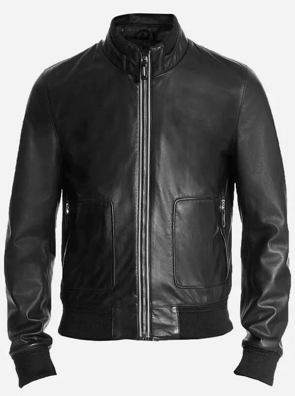 Men's-Handmade-Black-Leather-Bomber-Jacket-front Men's-Handmade-Black-Leather-Bomber-Jacket-front