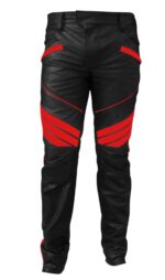 black cow leather with red strip biker pant front