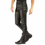 Black Cowhide Leather Biker Laces Up Pants