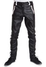 Black Cowhide Leather White Strips Biker Pant