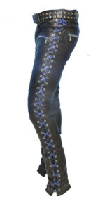Blue Laces Up Contrast Biker Leather Pant Right side