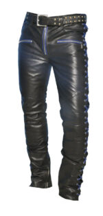 Blue Laces Up Contrast Biker Leather Pant