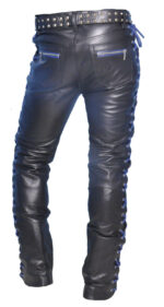 Blue Laces Up Contrast Biker Leather Pant Back