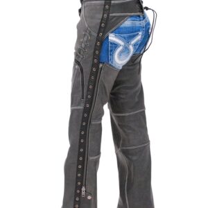 Trim Stretch Thigh Vintage Gray Leather Chaps Right side detailed