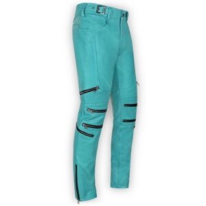 Men Cool Style Bright Blue Leather Biker Pant Side