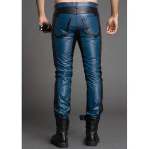Men Fashion Contrast Color Black & Blue Leather Pant Back